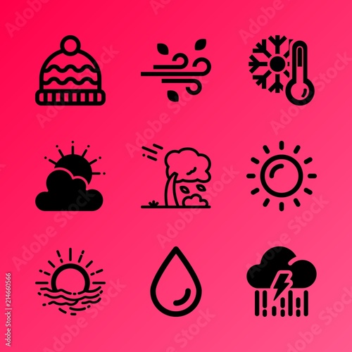 Vector icon set about weather with 9 icons related to road, zigzag, sunrise, glass, evening, concept, fresh, frosts, foggy weather and windstorm
