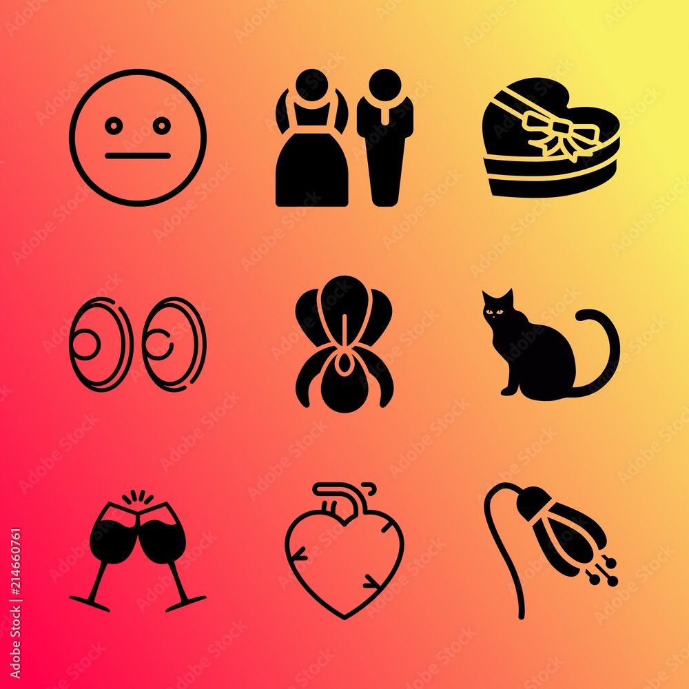 Vector icon set about love with 9 icons related to birthday, joy, brunette, cat, kitten, orchid, harebell, beauty, holiday and sketch