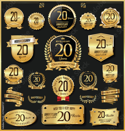 Anniversary retro vintage golden badges and labels vector 20 years