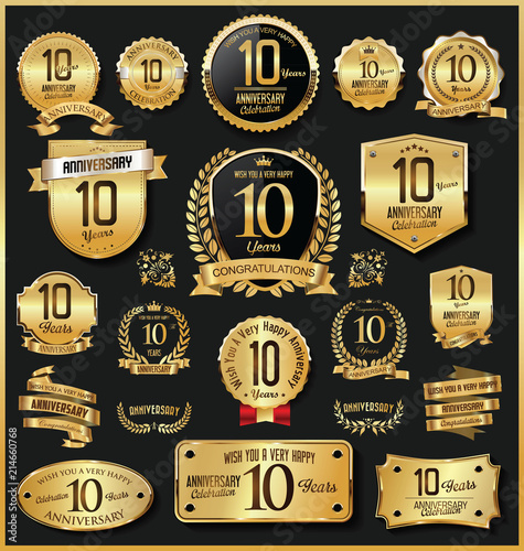 Anniversary retro vintage golden badges and labels vector 10 years