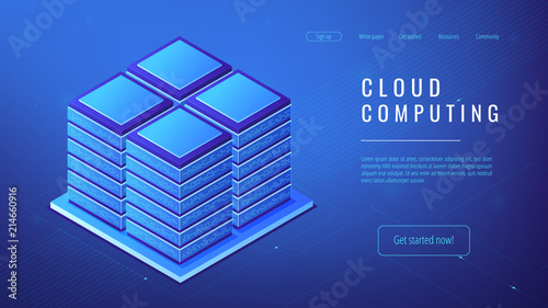 Isometric server farm Isometric server farm cloud computing concept. Power computer server as cluster server, cloud services, functionality performance and IT system concept in blue violet palette.