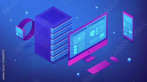 Isometric electronic devices in blue violet palette. Computer, smartphone, smartwatch and server as a concept of data synchronization, consistency and Public Key Servers. Vector 3d illustration.