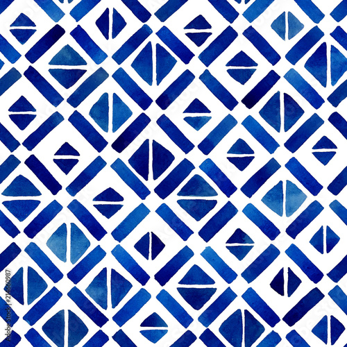 Watercolor geometric tile. Seamless pattern in indigo blue © IMR