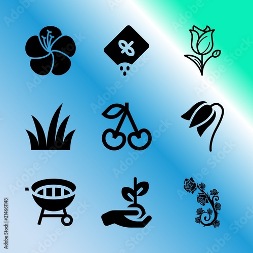 Vector icon set about gardening with 9 icons related to pot, party, coals, bean, watercolor, colorful, wedding, plant, bbq and berry