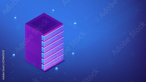 Isometric network server rack equipment concept. Secure server cabinets, open frame data center, cooling, installations rack equipment and rail kit in blue violet palette. Vector 3d illustration.