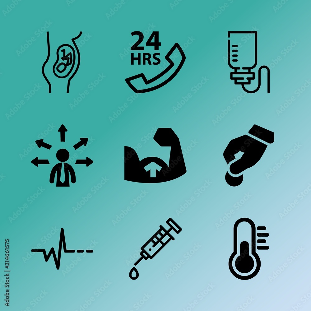 Fototapeta premium Vector icon set about medicine with 9 icons related to hot, expectation, bodybuilding, service, ambulance, baby, red, monitor, healthy and life