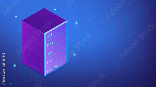 Isometric quantum computer with quantum bits. Quantum computing, quantum-mechanical phenomena, superposition and entanglement concept. Blue violet background. Vector 3d illustration.
