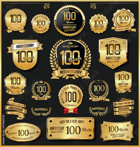 Anniversary retro vintage golden badges and labels vector 100 years