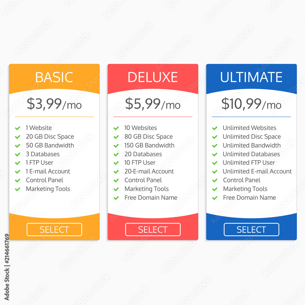 Pricing table template. Hosting plans comparison. Banners with tariff for websites and app. Vector illustration.