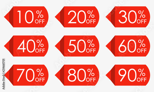 Sale price tag set. Red discount icons or stickers. 10,20,30,40,50,60,70,80,90 percent off. Vector illustration.