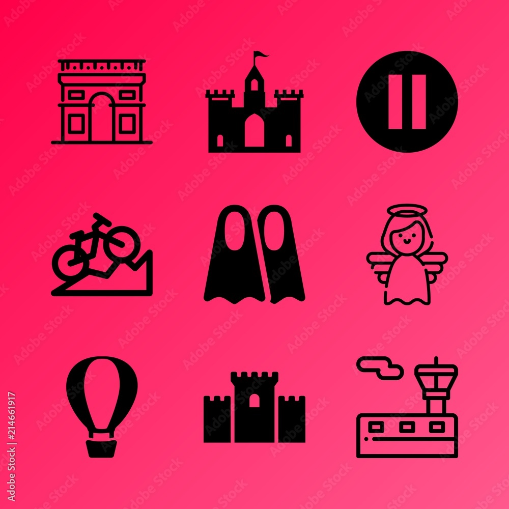 Vector icon set about travel and tourism with 9 icons related to wooden, california, speed, history, concept, historical, graphic, bicycle, st and luggage Vector icon set about travel and tourism with 9 icons related to wooden, california, speed, history, concept, historical, graphic, bicycle, st and luggage