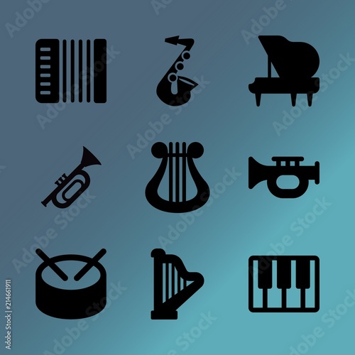 Vector icon set about music instruments with 9 icons related to sound, graphic, beautiful, grand piano, style, texture, bass, gusli, creative and accordion