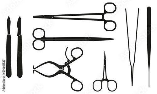 Surgical instruments. Medical and surgery tools: scalpel, calm, forceps or tweezers, scissors. Vector illustration.