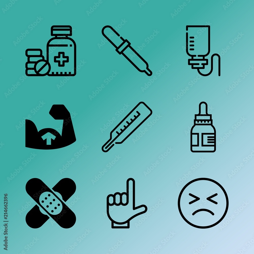 Vector icon set about medicine with 9 icons related to fitness, spine, pulse, scientific, lifestyle, intravenous, climate, data, tube and medicine