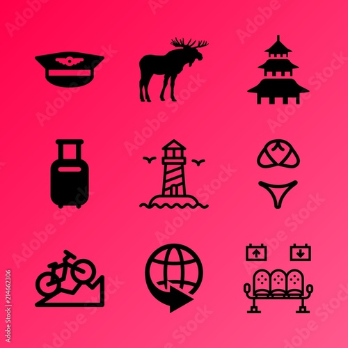 Vector icon set about travel and tourism with 9 icons related to background, brown, blue, passport, activity, template, cruise, old, lingerie and pedal