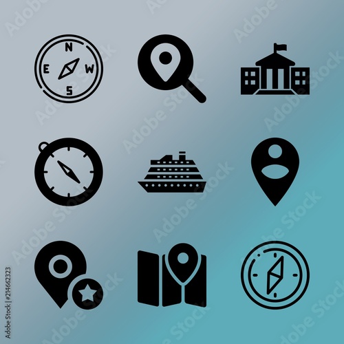 Vector icon set about location with 9 icons related to office, male, hair, construction, find, island, design, ui, orienteering and equipment
