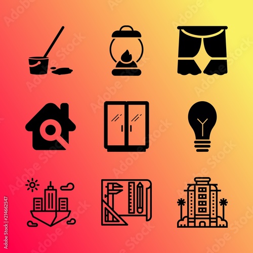 Vector icon set about home with 9 icons related to ceremony, concert, hotel, smiling, concept, web, cleanup, exterior, theatrical and apartment
