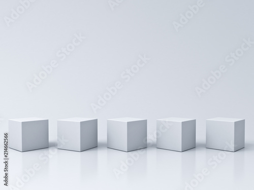 Five blank box podiums on white grey background with reflections and shadows 3D rendering