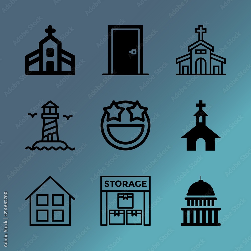 Vector icon set about building with 9 icons related to male, woman, american, store, large, court, sailing, logistic, station and legal
