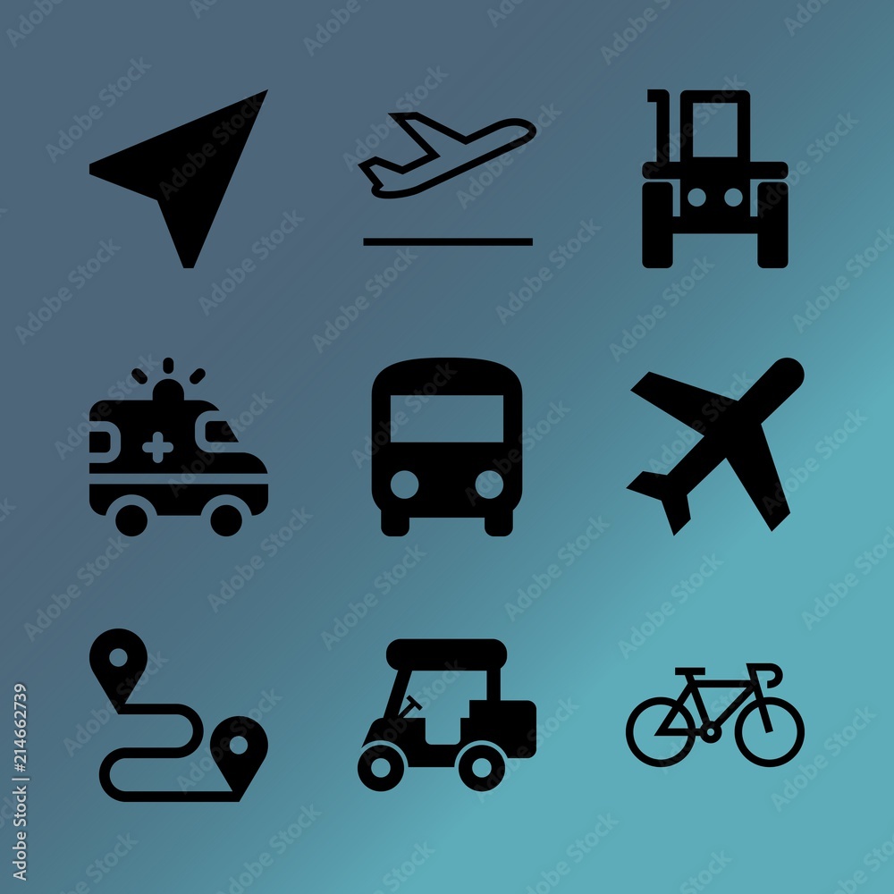 Vector icon set about transport with 9 icons related to copy, bulldozer, asia, industrial, help, blue, bus, safety, global and route Vector icon set about transport with 9 icons related to copy, bulldozer, asia, industrial, help, blue, bus, safety, global and route