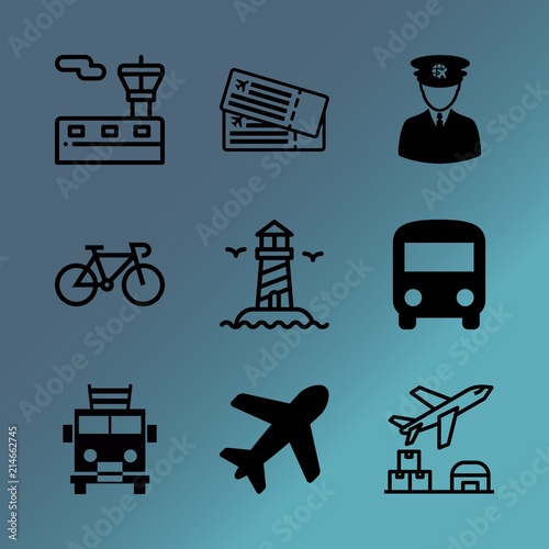 Vector icon set about transport with 9 icons related to fitness, isolated, aeroplane, coupon, hat, europe, truck, accident, tickets and landing