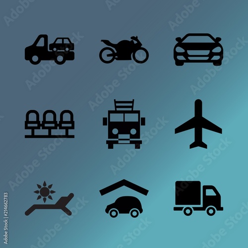 Vector icon set about transport with 9 icons related to daybed, departure, plane, business, alarm, travel, delivery, road, heavy and front