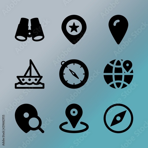 Vector icon set about location with 9 icons related to cruise, topography, competition, orientation, placeholder, row, guy, tool, head and measurement