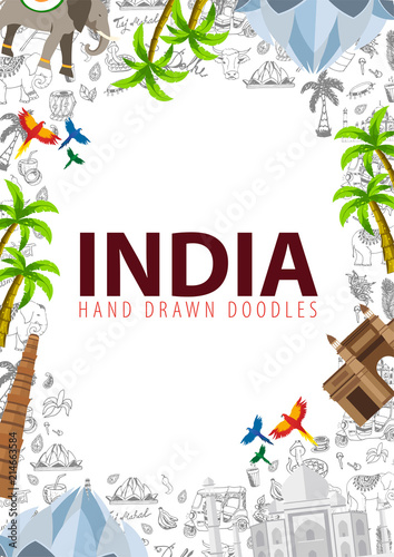 India travel banner. Indian Hand drawn doodles on background. Vector illustration.
