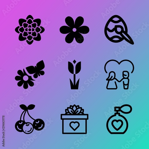 Vector icon set about flowers with 9 icons related to fruit, bokeh, abstract, sakura, sweet, female, white, march, object and perfume bottles