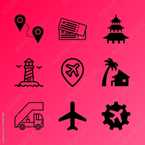 Vector icon set about travel and tourism with 9 icons related to airport, atmosphere, transport, hand, engine, aviation, island, open, sculpture and exotic