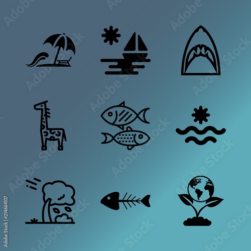 Vector icon set about sea with 9 icons related to nobody, plastic, technology, plant, rhino, aquatic, environmental, zoo, banner and beach