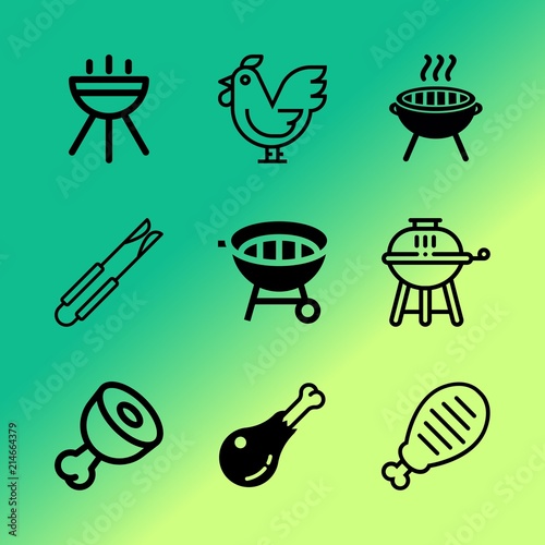 Vector icon set about barbecue with 9 icons related to summer, background, equipment, closeup, knife, lifestyle, salad, gourmet, sirloin and smoke