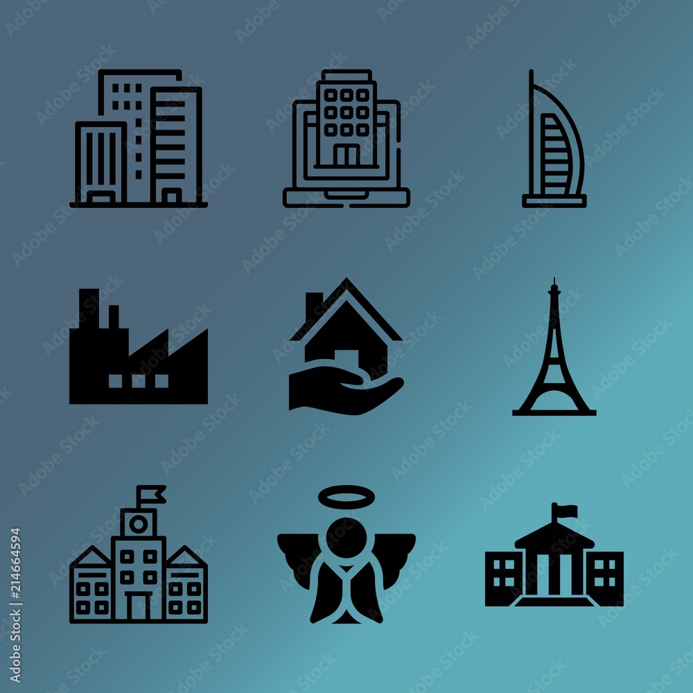 Vector icon set about building with 9 icons related to europe, window, investment, pollution, landmark, palm, steel, industrial, production and happy