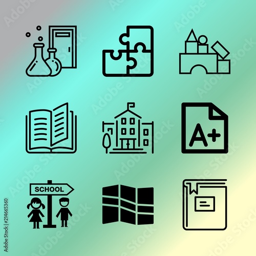 Vector icon set about education with 9 icons related to green, primary, analyzing, campus, travel, geography, baby, soft, play and beaker