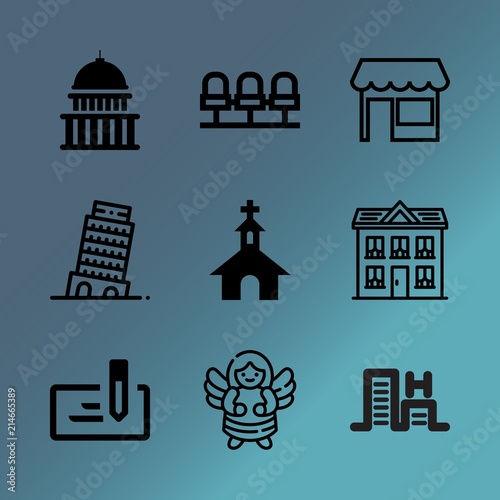 Vector icon set about building with 9 icons related to style, miracle, sunset, technology, currency, silhouette, modern, sea, family and gate