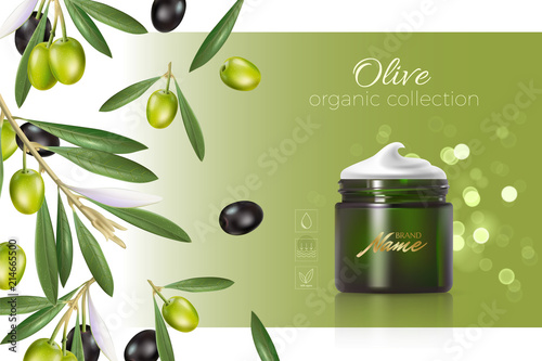 Design cosmetics product advertising for catalog, magazine. Mock up of cosmetic package. Moisturizing cream, gel, milk body lotion with coconut oil.
