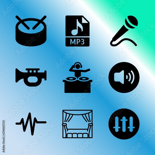 Vector icon set about music with 9 icons related to melody, layout, network, television, user, businesswoman, musician, background, theater and pay