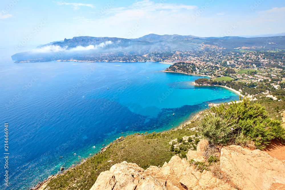 View of Cassis town, Cap Canaille rock and Mediterranean Sea fro