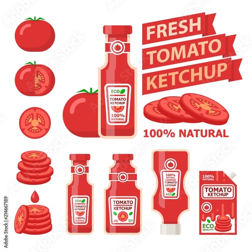 Tomato and fresh ketchup flat vector elements