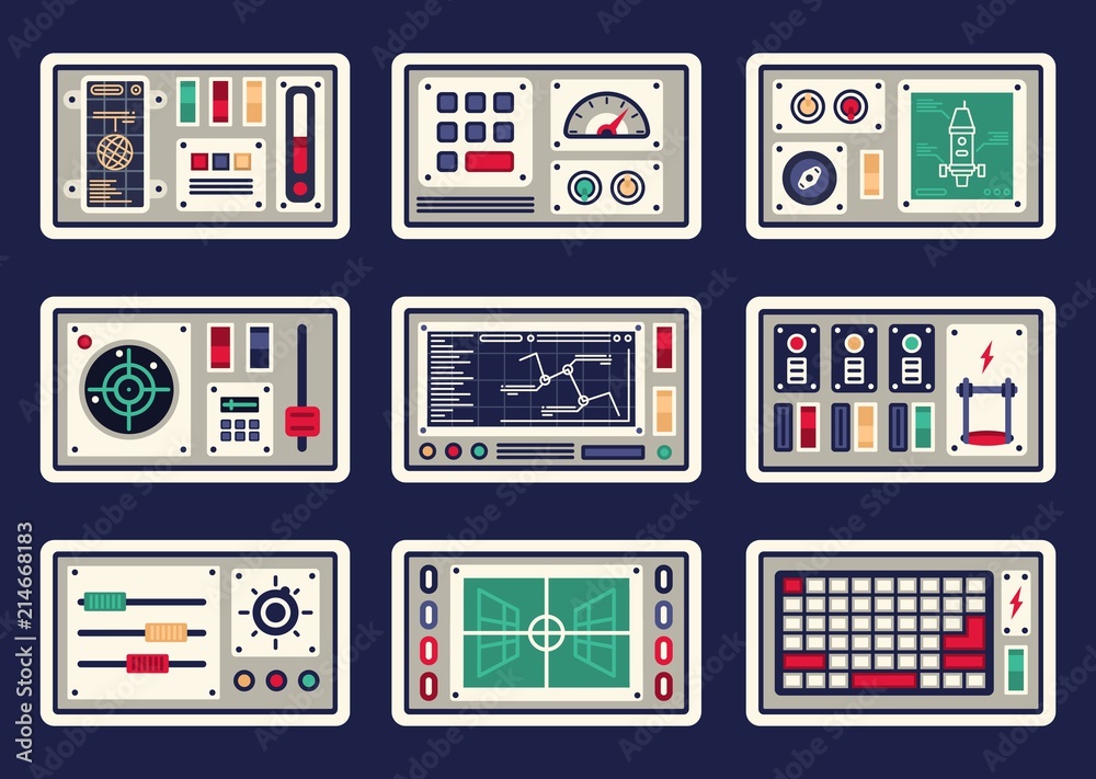 Different control panels, consoles, buttons and devices, radar for spacecraft