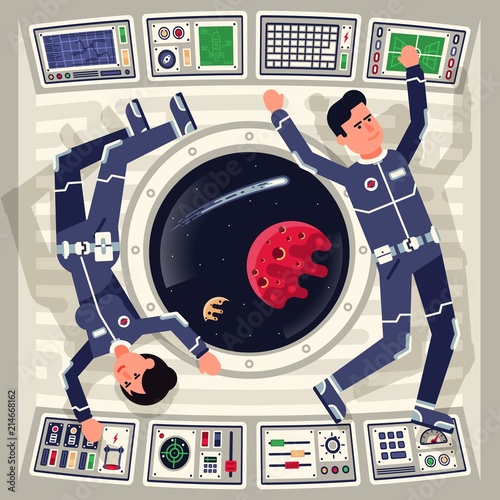 Male and female astronauts  in zero gravity on a spaceship flying around the window in which the cosmos and the planets are visible.
