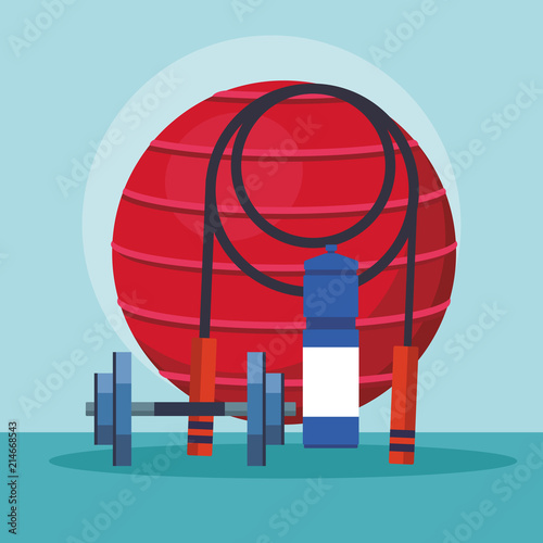 Fitness ball with dumbbell and rope vector illustration graphic design