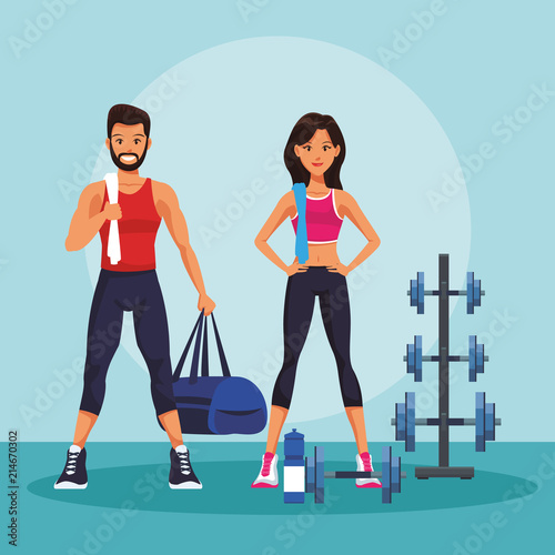 Fitness man and woman at gym vector illustration graphic design