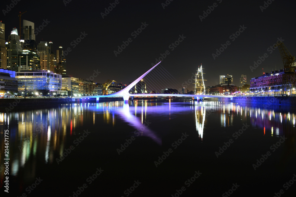 night photo of skyline of Puerto Madero with woman´s bridge (puente de la mujer), Buenos Aires, Argentina. Long exposure