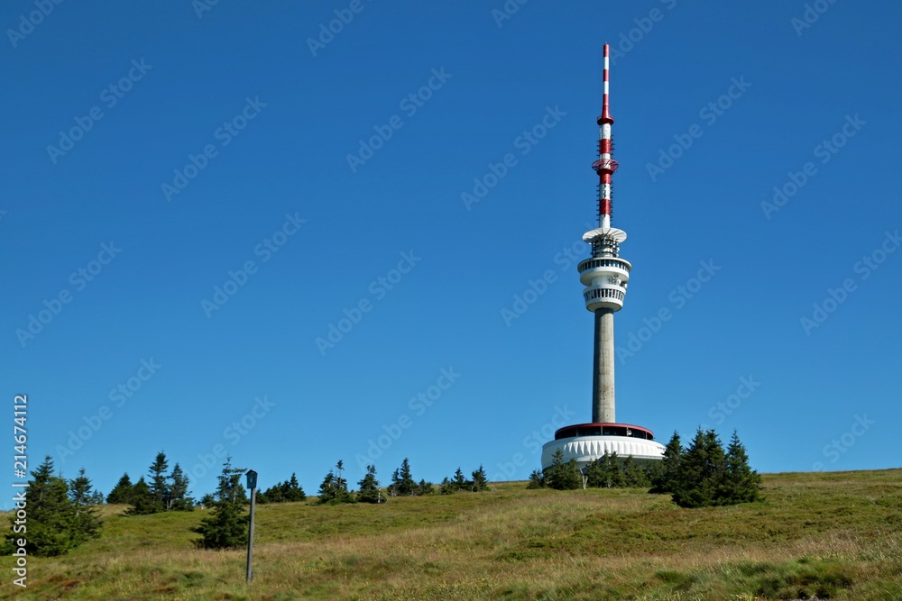 Fototapeta premium Red and white telecommunication and lookout tower Praded, Czech Republic, Europe standing on a hill in Jeseniky mountains, sunny summer day, clear blue sky, green trees 