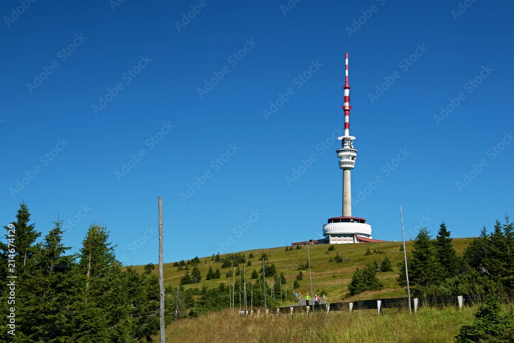 Obraz premium Red and white telecommunication and lookout tower Praded, Czech Republic, Europe standing in Jeseniky mountains, tourists hiking on road, sunny summer day, clear blue sky, green trees
