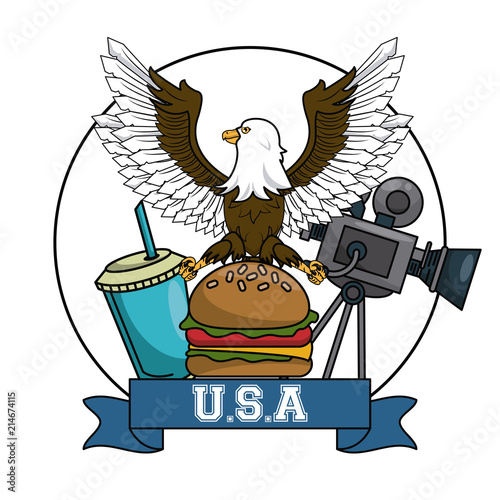 American entertainment cinema projector with burger and soda vector illustration graphic design