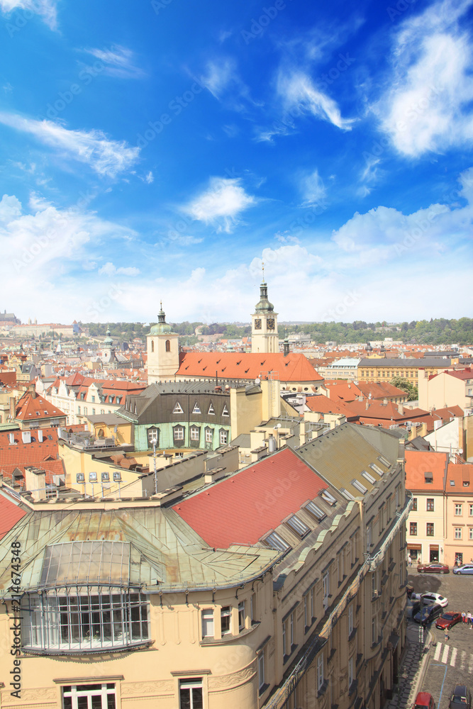 Beautiful view of the Old Town Square, and Tyn Church and St. Vitus Cathedral in Prague, Czech Republic