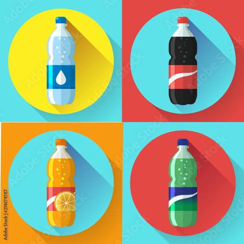 set of pictures plastic bottle of coca cola, sprite, fantasy orange soda. Flat vector illustration.