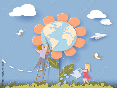 Children caring for the Earth flower with blue sky background. Save the planet card. Vector illustration. Paper cut and craft style.